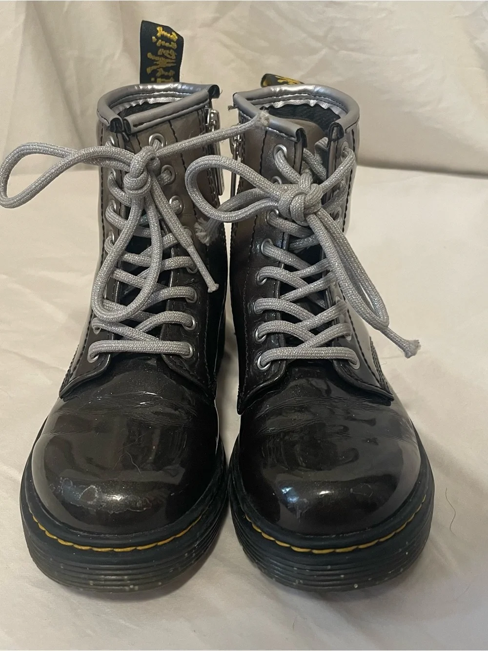 Dr. Martens Black Patent Kids Lace-Up Ankle Boots with Side Zipper